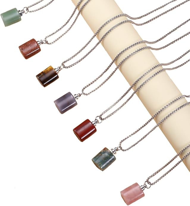 2PCS Natural Stone Perfume Bottle Pendant Necklace Rose Quartz Agate Link Chain Healing Crystals Stone Charms Necklaces For Women