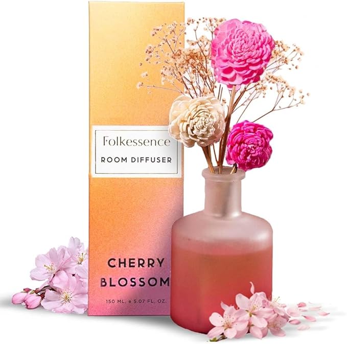 Folkulture Reed Diffusers for Home, 5 oz | Cherry Blossom Scent Diffuser Oil with Sticks for Pink Bathroom Decor Accessories | Floral Essential Oils | Cute Shelf Decor