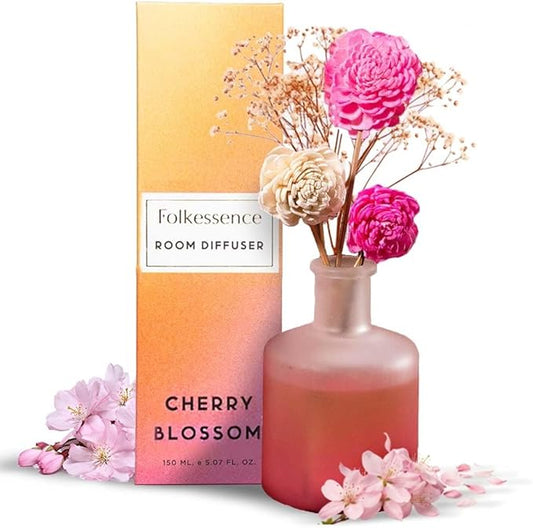 Folkulture Reed Diffusers for Home, 5 oz | Cherry Blossom Scent Diffuser Oil with Sticks for Pink Bathroom Decor Accessories | Floral Essential Oils | Cute Shelf Decor