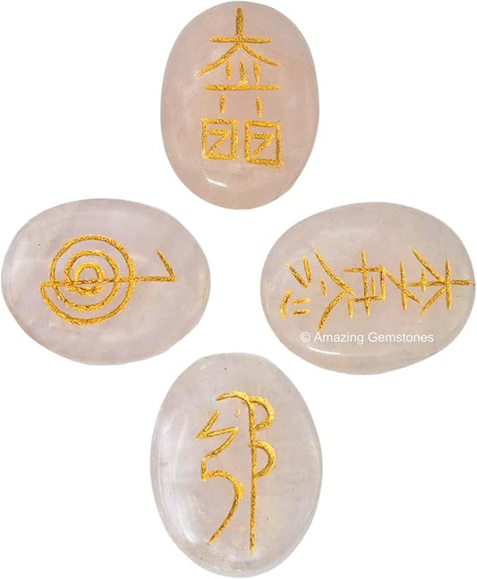 Amazing Gemstone Rose Quartz Crystal Reiki Stones with Engraved Symbols for Usui Reiki Healing, Set of 4 Pcs (Indian Handmade Reiki Gift Set)