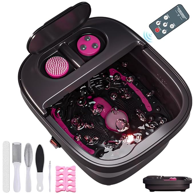 Collapsible Foot Bath, Foot Spa Bath Massager with Heat, Bubble, Remote Control, Temperature Control, 3 Pedicure Attachments, Feet Soaking Tub for Stress Relief