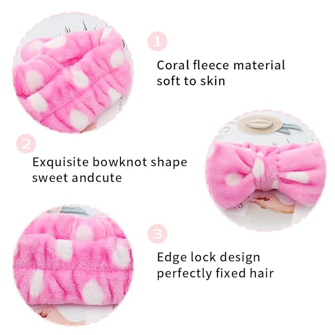 WHAVEL 6 Pack Pink Spa Headbands, Makeup Headbands Skincare Headbands Microfiber Bow Headbands Leopard Stripe Polka Facial Headband Soft Elastic Hair Band Headband for Washing Face