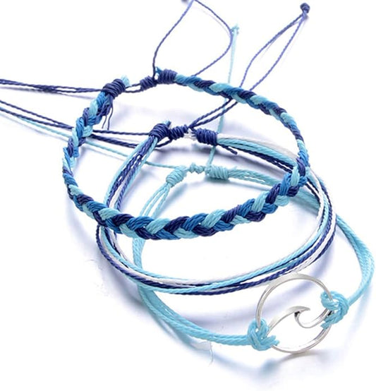 kelistom Handmade Braided Wax Rope Adjustable Strand Wrap Bracelet Set Waterproof Wave Shell Charm Stretch Knot String Thread Bracelets Friendship Jewelry