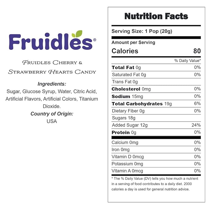 Fruidles Cherry & Strawberry Hearts Candy, Purple & Pink Heart Shaped Hard Candy Sucker Individually Wrapped in Foil, Made in Brazil (1 Pound)