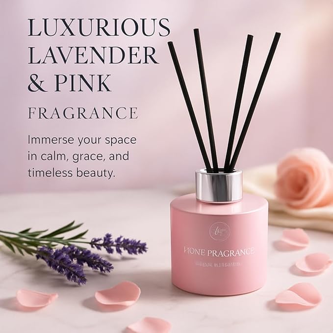 Reed Diffuser Set – 3.38 fl oz (120ml) | Clean Oil Scent Diffuser, Premium Room Décor | Lavender & Pink Fragrance for Home, Holiday, and Hotel Collection.