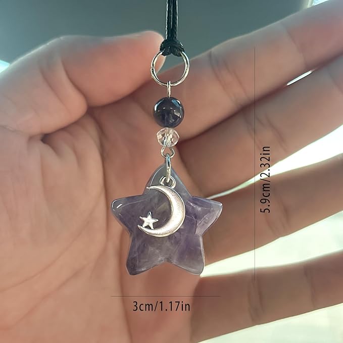 CASONA Purple Crystal Star Car Charm,Rearview Mirror Dangling Accessories,Boho Car Hanging Ornament with Moon Bead,Spiritual Purple Decor for Women