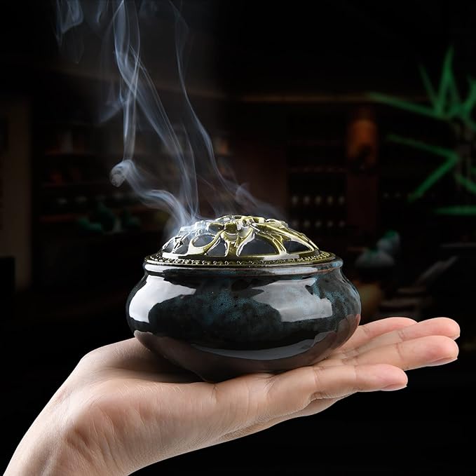 Ceramic Incense Burner with Incense Holder+Spacer Layer+Fireproof Cotton,Handmade Smudging Burn Bowl for Stick or Coil Incense,Sage Cones and Frankincense (Dark Blue)