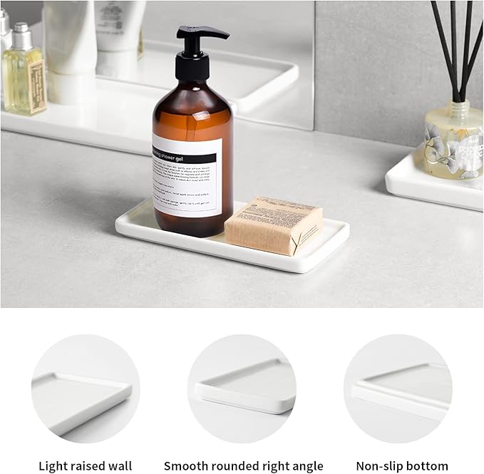 Gurygo 2 Pack 6" Bathroom Tray for Counter - Ceramic Vanity Trays for Bathroom - Small Rectangle Ceramic Tray - Kitchen Soap Trays for Kitchen Counter (White, Set/2)