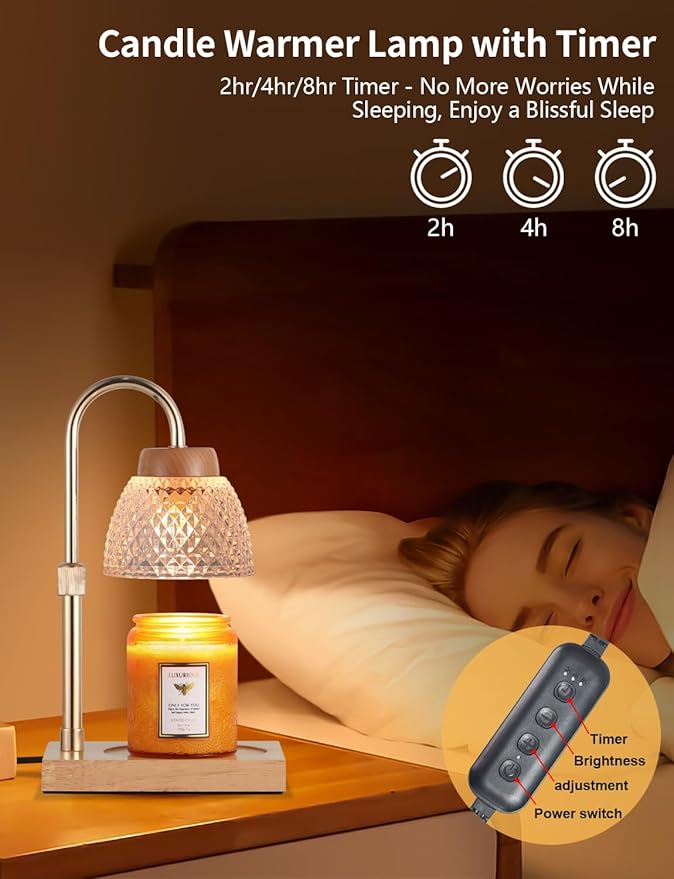 Dimmable Candle Warmer Lamp with Timer, Electric Wax Melt Warmer for Jar Scented Candles Adjustable Height, Mothers Day Birthday Gifts for Women Mom Grandma Home Offices Decor, with 2 Bulbs(Gold)