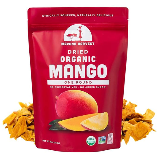 Mavuno Harvest Mango Dried Fruit Snacks | Unsweetened Organic Dried Mango Slices | Gluten Free Healthy Snacks for Kids and Adults | Vegan, Non GMO, Direct Trade | 1 Pound Resealable Bag