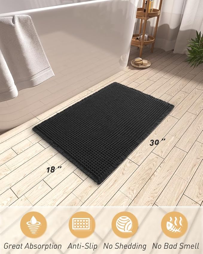 AMOAMI Upgraded Waffle Bath Mat, Super Absorbent Non Slip Bath Mats for Bathroom Floor, Machine Washable Bathroom Rugs with Tassels, Rubber Backed Bathroom Mats, Ultra Soft, 18" x 30", Black