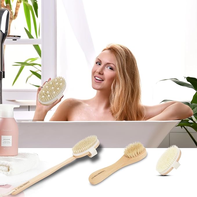 5 Packs Dry Brushing Set Natural Body Brush Wood Long Handle with 3 Detachable Heads, 1 Face Brush,Natural Boar Bristle Exfoliator for Lymphatic Drainage and Cellulite,Back Scrubber