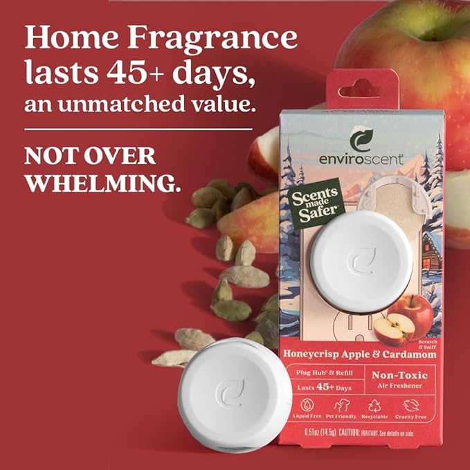 Enviroscent Non Toxic Air Freshener (Honeycrisp Apple & Cardamom) Plug-in Home Fragrance Last 45+ Days | Kit includes 1 Refillable Plug In Warmer & 1 Scent Refill
