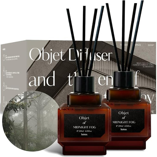 hetras Objet Diffuser Gift Set 6.7 fl.oz. 2 Pack | Midnight Fog - Fresh Forest & Moss Scent | Long-Lasting Scented Room Fresheners with 8 Reed Sticks for Home Fragrance Bedroom Bathroom Shelf Décor