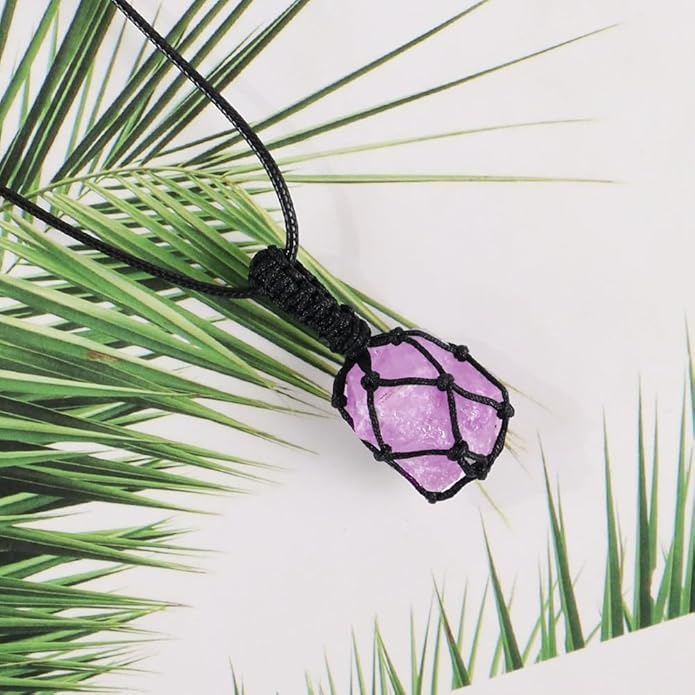 Handmade Natural Gemstone Crystal Pendant Necklace Stone Holder Necklace Cord Net Necklace with Adjustable Length for Women Men