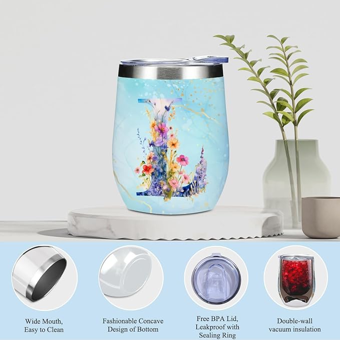 Personalized Gifts Monogrammed Birthday Gifts for Women, Mama New Mom Thanksgiving Wedding Christmas Initial Wine Tumbler Makeup Bag Scented Candle Bracelet Set, (Aesthetic Blue Flower L)