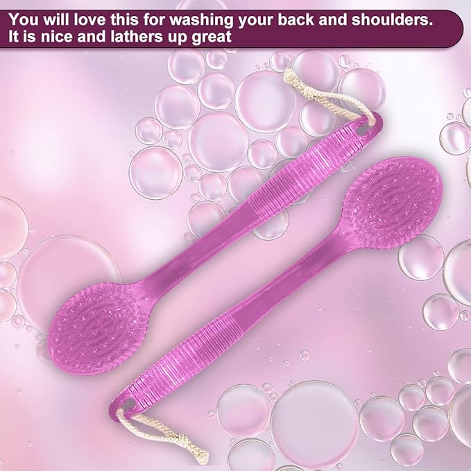 Back Bath Brush - Curved Long Handle Shower Brush with Medium Stiff Bristles for Exfoliating Body, Back Scrubber for Men & Women (Pink 2 Pack)