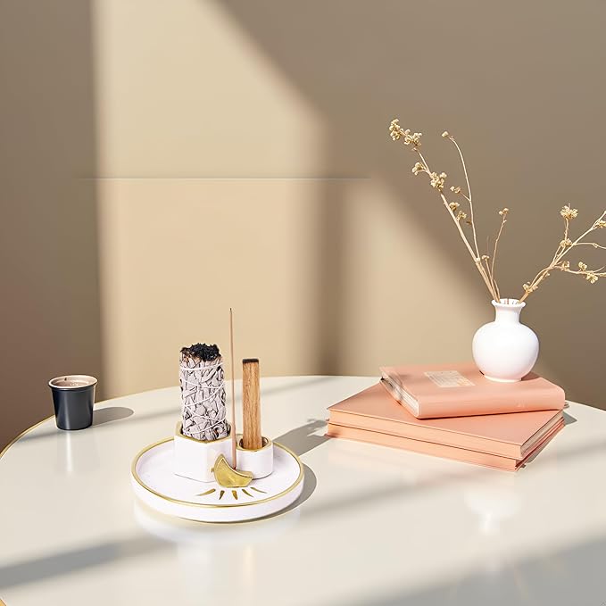 Ceramic Incense Holder Burner, Sage Holder for Burning, Palo Santo Sticks Holder, 5.51" Ash Catch Tray, Smudge Dish for Meditation Yoga, Modern Home Decor Gift