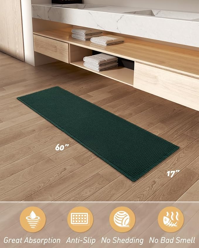AMOAMI Upgraded Waffle Runner Rug Super Absorbent Non Slip Bath Mats for Bathroom Machine Washable Bathroom Runner Rug with Tassels, Ideal for Hallway Bedroom Laundry Room, 17" x 60", Dark Green