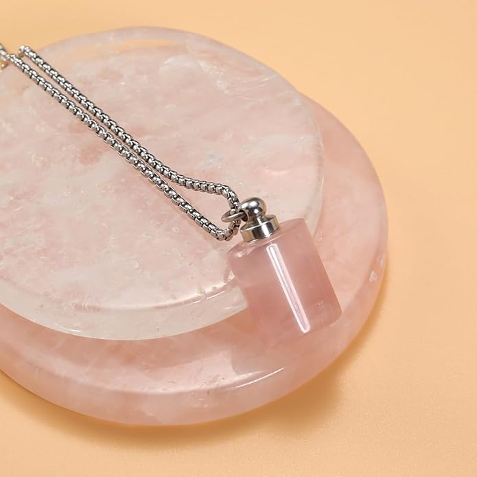 2PCS Natural Stone Perfume Bottle Pendant Necklace Rose Quartz Agate Link Chain Healing Crystals Stone Charms Necklaces For Women