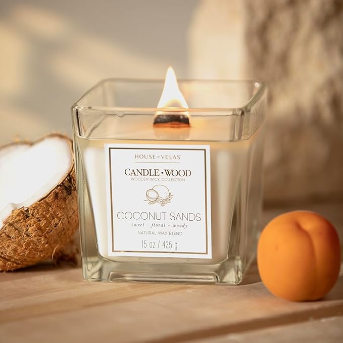 Candle Wood Collection, 15 oz, 1 Wooden Wick, Coconut Sands, Square Glass Jar Candle