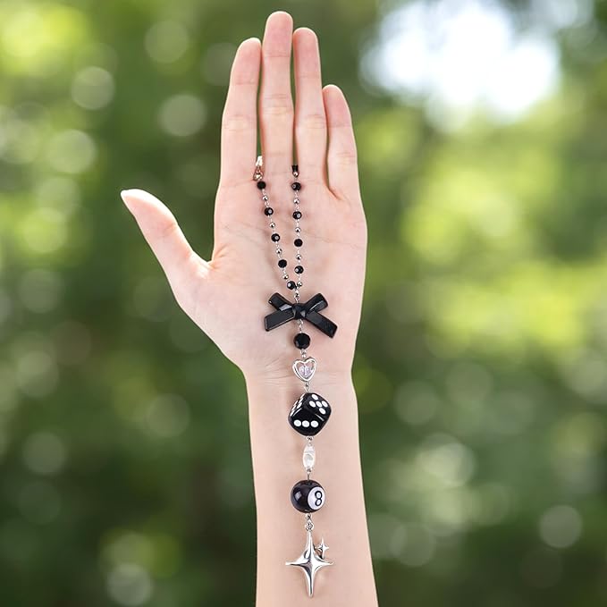 Black Bow Beaded Car Rearview Mirror Chain - Y2K Aesthetic Hanging Charm with 8 Ball & Star Pendant, Cute Car Interior Decor Ornament Accessory, Gift for Women Men