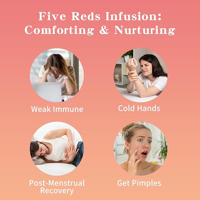 Five Reds Tea for Rejuvenates Energy, Leafberry Sampler Wellness Functional Herbal Tea Detox Boosts Immunity Awaken Rose Jasmine Red Dates Beans 10 Bags Box Teas Drinkers Gifts for Women