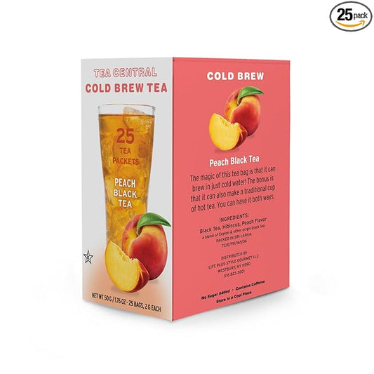 Life Plus Style Gourmet TEA CENTRAL Peach Black Tea Organic Ceylon Black Tea Refreshing Tea Beverages Natural Flavored Cold Brew Peach Tea Bags Everyday Wellness Iced Drink 25 Tea Bags