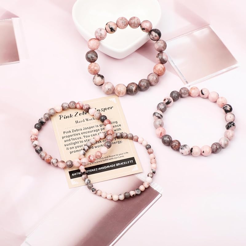 AD Beads Handmade Gemstone Stretch Elastic Bracelet Crystal Healing Reiki Nature's Beauty and Spiritual Essence Unisex (6mm, Pink Zebra Jasper (Hard Working))
