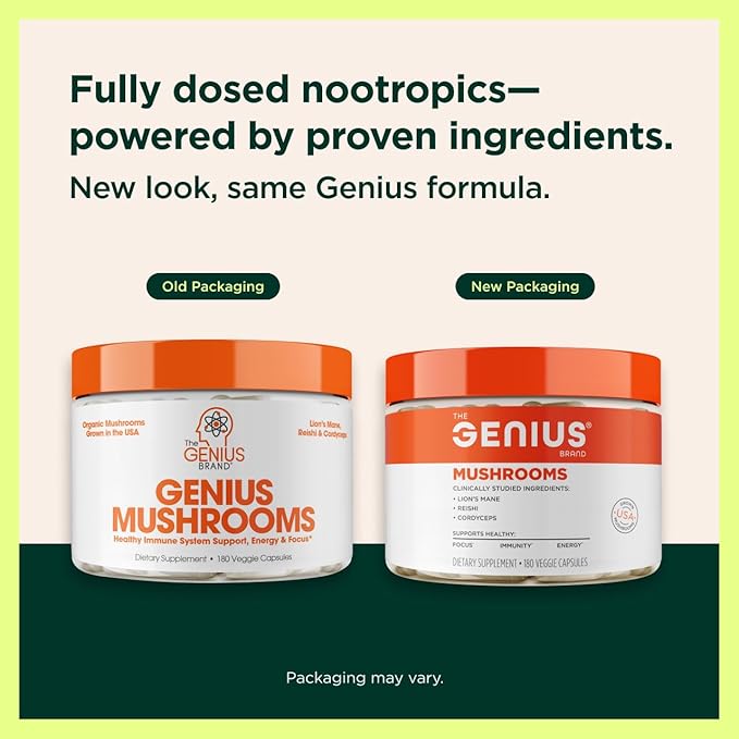 Genius Mushroom Supplement - Full-Spectrum Lion’s Mane, Cordyceps, Reishi -Daily Brain Nootropic for Energy, Focus, Memory & Overall Wellness - 180 Capsules – Organic for Mental Clarity & Performance