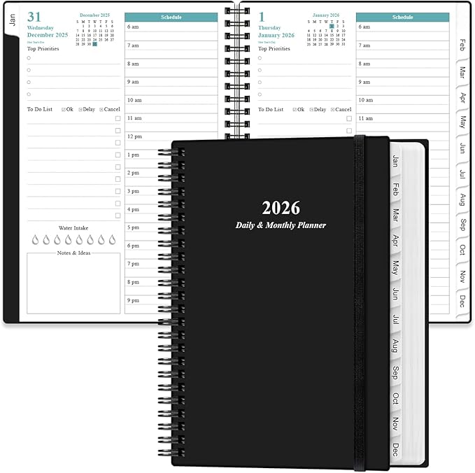 2026 Daily & Monthly Planner - One Page Per Day, Daily Planner from January 2026 to December 2026, Planner 2026 with 12 Monthly Tabs, 6.4" x 8.5", Black