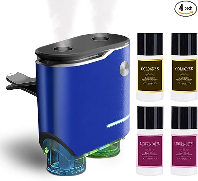 Smart Car Air Fresheners with Dual-Channel Diffuser & 4pcs Essential Oils, Automotive Scent Dispenser Rechargeable Aromatherapy Diffuser Vent Clip for Cars, 3 Adjustable Modes, Long-Lasting Fragrance
