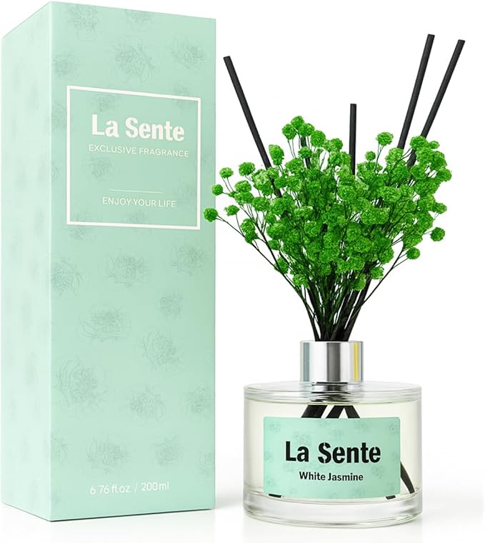 Reed Diffuser Set, Glass Bottle with Black Rattan Sticks, Dried Green Flowers, 6.7fl oz, 200ml (White Jasmine)