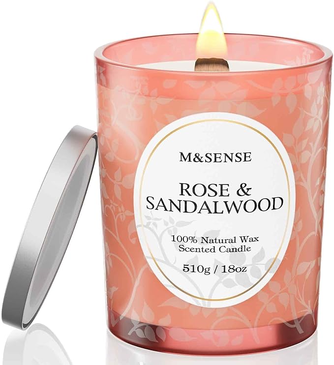 M&SENSE Rose Sandalwood Scented Candle, Wooden Wick Candle with Lid, 100 Hours Long Burning Natural Soy Wax 18oz, Stress Relief Meditation Air Purifying Home Fragrance,Housewarming Gifts for Her Him