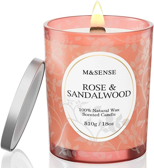M&SENSE Rose Sandalwood Scented Candle, Wooden Wick Candle with Lid, 100 Hours Long Burning Natural Soy Wax 18oz, Stress Relief Meditation Air Purifying Home Fragrance,Housewarming Gifts for Her Him
