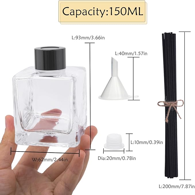 4PCS Glass Diffuser Bottles, Refillable Diffuser Bottles Square Shape with 20pcs Reeds Sticks & Black Caps & Funnel, 3.66" High 150ml 5.29 fl oz. Diffuser Jars for Home Oil Fragrance Decoration