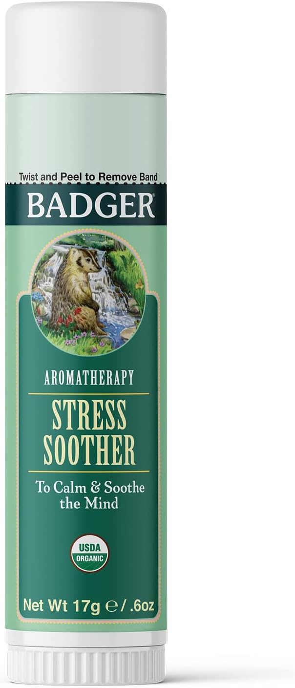 Badger Stress Soother Balm, Organic Essential Oil Aromatherapy, Calm & Soothe The Mind, Easy to Use Portable Stick, Effective Self Care, .6 oz