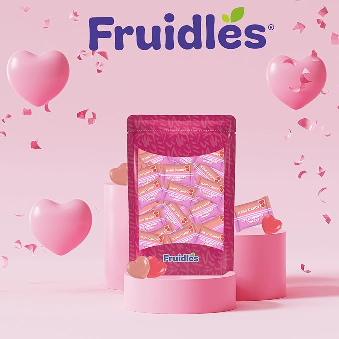Fruidles Cherry & Strawberry Hearts Candy, Purple & Pink Heart Shaped Hard Candy Sucker Individually Wrapped in Foil, Made in Brazil (20 Pounds (Bulk))
