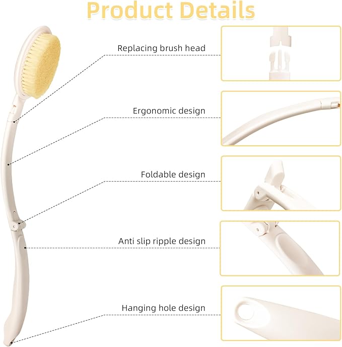 LFJ 19" Long Handle Shower Sponge Brush Set, 3 in 1 Body Brush, Bath Sponge and Lotion Applicator Improved Skin Health, Suitable for Men and Women (White Brush-2P)