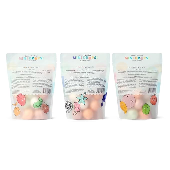 Dabble & Dollop Mini Bath Bombs, 100% Natural Droplets for Kids, Variety Pack - Resealable Pouches, USA Made, Fizzy, Moisturizing & Fun, Vegan, Gluten-Free, Cruelty-Free (Set of 36)