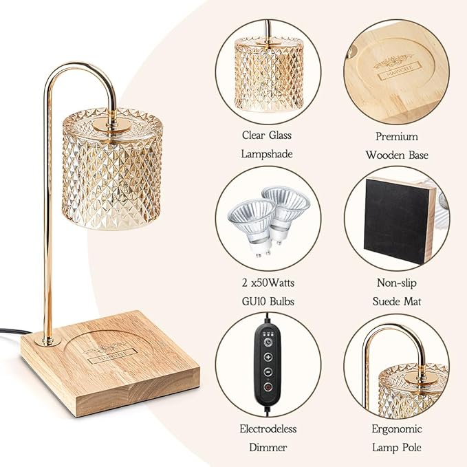 Marycele Lamp Candle Warmer with Timer, House Warming Gifts New Home, Candle Wax Warmer, Aesthetic Room Home Bedroom Decor, Amber Lozenge Diamond