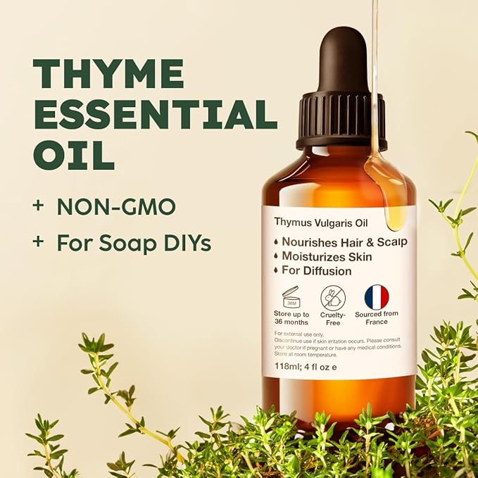KUKKA Thyme Essential Oils - 4 Fl Oz - for Hair, Skin, Diffuser, Aromatherapy & DIY Soap Making Scent