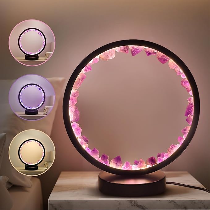 Amethyst Bedside Lamp,Healing Crystal Night Light,3-Colors Ambient Lighting USB Dimming Table Light,Natural Energy Decor for Bedroom Home Dating Gift