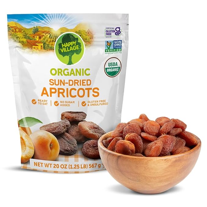 Happy Village Organic Turkish Sun-Dried Apricots, 20 OZ Resealable Bag, No Added Sugar Dried Fruit, USDA Organic, Non-GMO, Kosher, Vegan, Unsulfured, High in Fiber