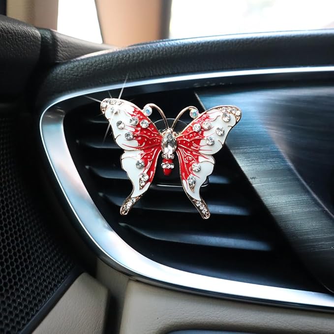 2pcs Red Butterfly Car Air Freshener Vent Clips Bling Car Accessories for Women Refillable Scents Diffusers