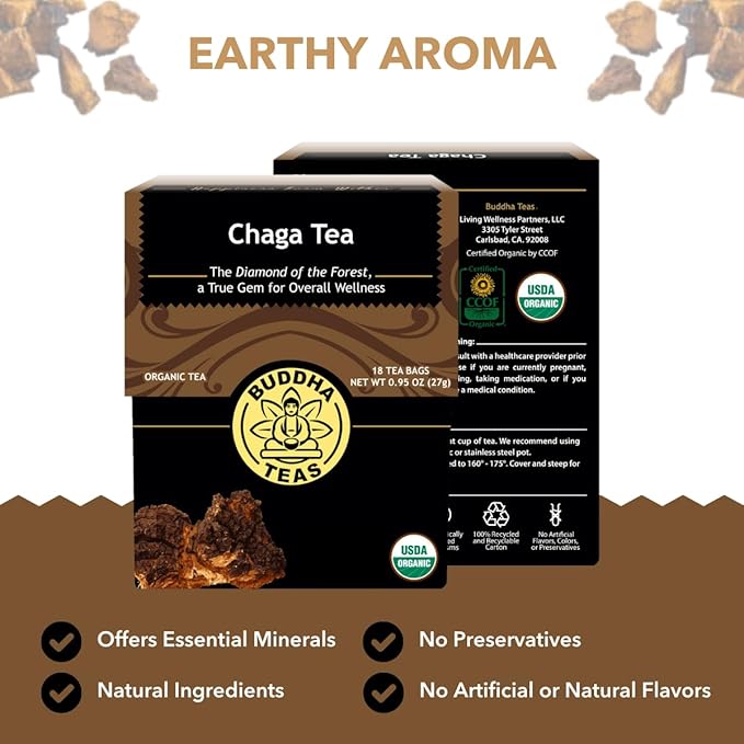 Buddha Teas - Chaga Tea - Organic Herbal Tea - For Cognitive Balance & Overall Health - With Chaga Mushroom, Antioxidants & B Vitamins - Caffeine Free - OU Kosher - 18 Tea Bags (Pack of 1)