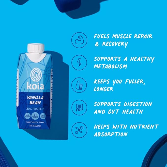 Koia Plant Based Protein Shake, Vanilla Bean, 20g Protein, 3g Sugar, 6g Prebiotic Fiber, 21 Vitamins & Minerals, Meal Replacement Drinks, Dairy-Free, Gluten-Free, Non-GMO, 11 Fl Oz (Pack of 12)