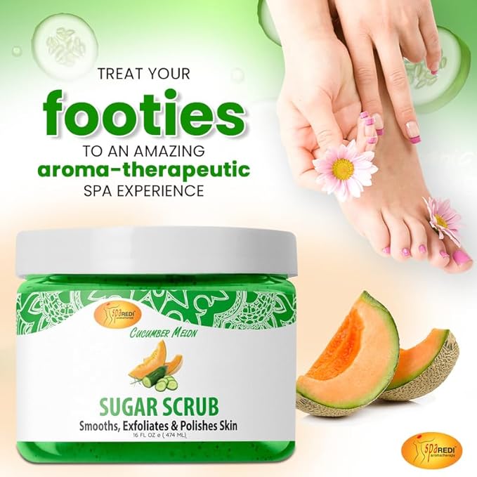 SPA REDI – Sugar Body Scrub, Cucumber Melon, 16 Oz, Exfoliating, Moisturizing, Hydrating and Nourishing, Glow, Polish, Smooth and Fresh Skin - Body Exfoliator