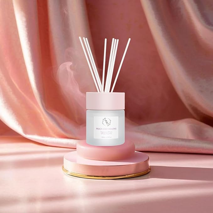 Reed Diffuser Set, Pretty Valley Home Diffuser 100Ml / 3.38fl OZ Gift Box - Includes Reed Diffuser Sticks, Fragrance Oil, and Glass Bottle for Bathroom Office Living Room Decor (White Peach & Oolong)