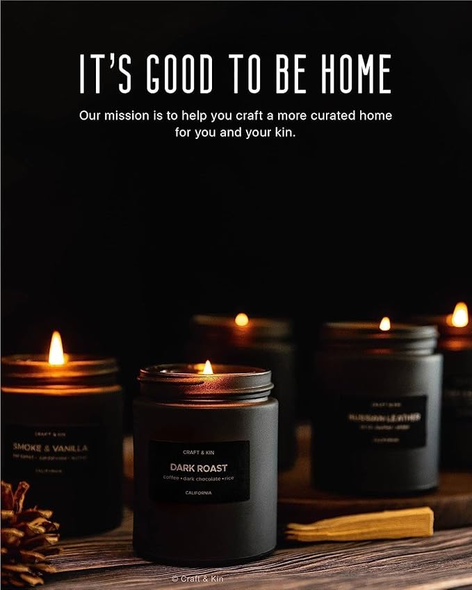 Craft & Kin Premium Dark Roast Coffee Candle | Black Fall Scented Candles for Home | Long Lasting with 45 Hour Burn Time, 7.6oz | Made with Soy Fall Candles | Aromatherapy at Home | Gifts for Men